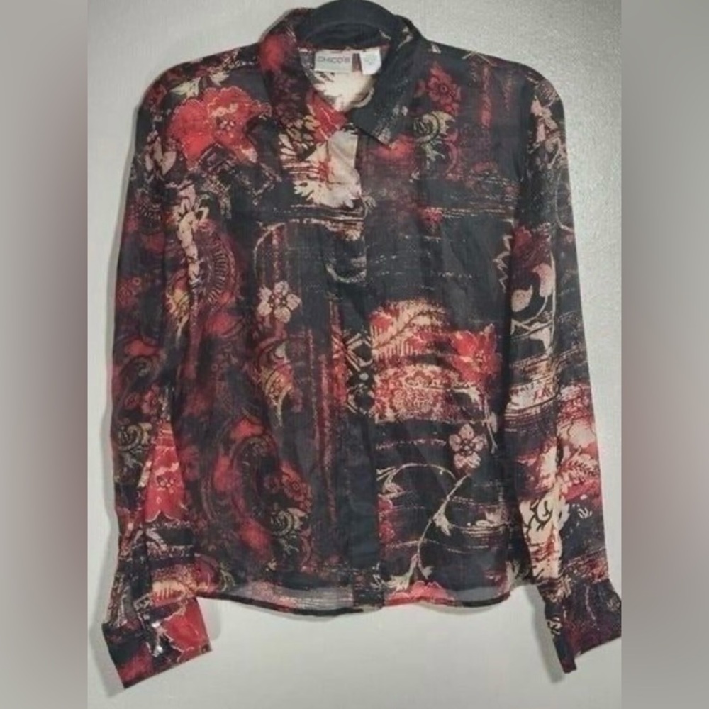 🌺Chicos 100% Silk Red & Black Romantic Floral Long Sleeve Button Front Blouse M